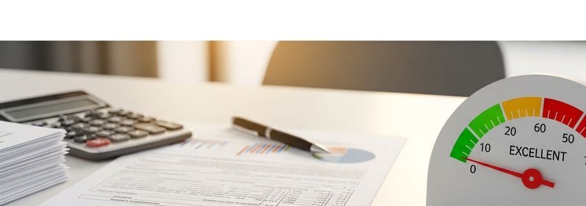 Business professionals reviewing credit score documents and loan approval paperwork in a professional office setting