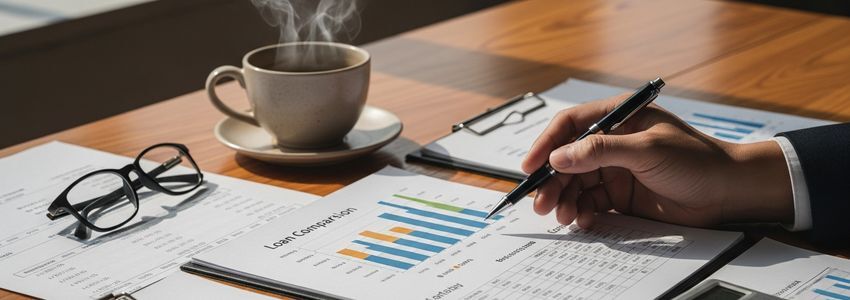 Small business owner reviewing credit union loan documents with a financial advisor in a professional office setting
