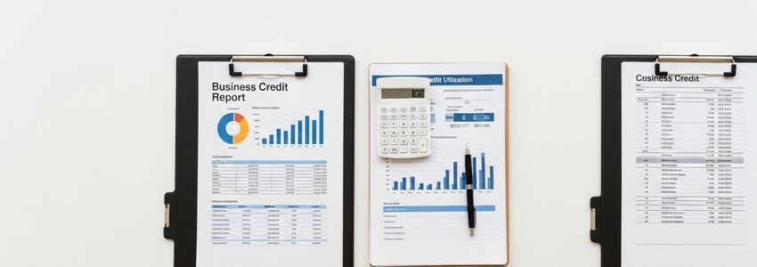 Business professional reviewing credit utilization reports and financial documents