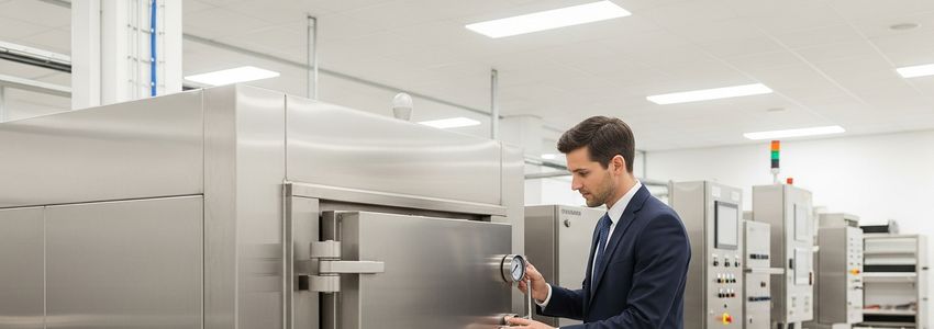 Funeral home professional inspecting cremation retort equipment for financing