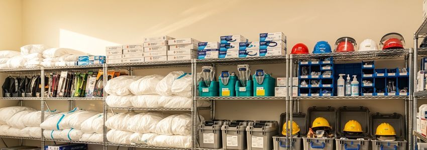 Professional crime scene cleanup technicians with PPE equipment in a commercial supply room