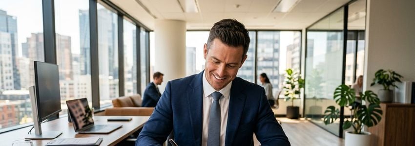 Business professional reviewing cross-collateral loan documents in a modern office