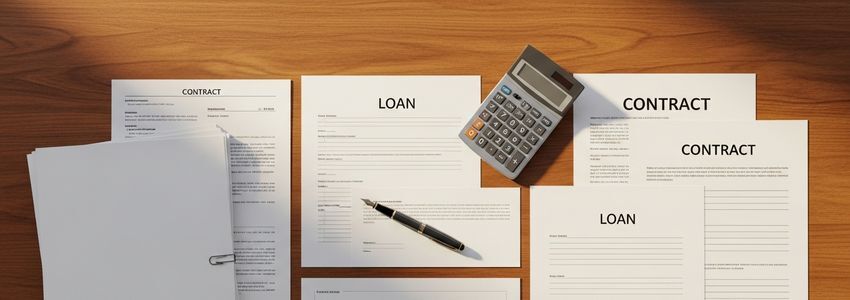 Business loan documents and contracts on a desk representing cross-collateralization in loans