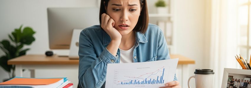 Business owner reviewing crowdfunding campaign metrics showing declining results