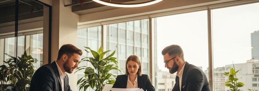 Crowdfunding platform business owner reviewing loan documents on computer in modern office