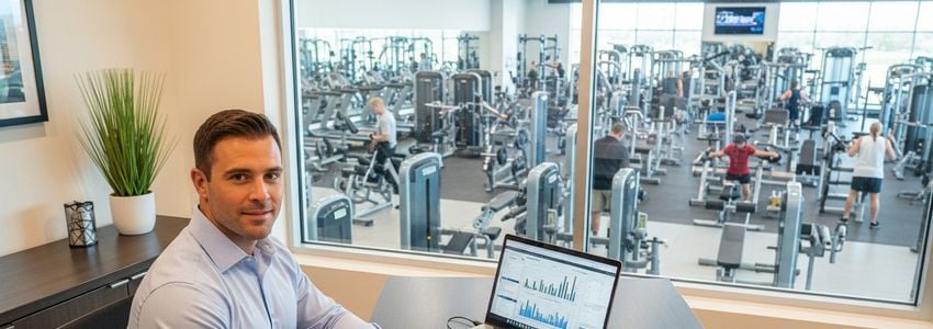 Crunch Fitness franchise owner reviewing business finances at gym office desk