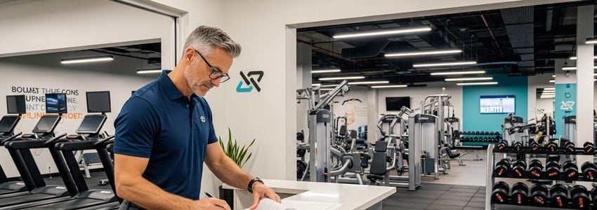 Gym franchise owner reviewing loan documents at reception desk inside a fitness center