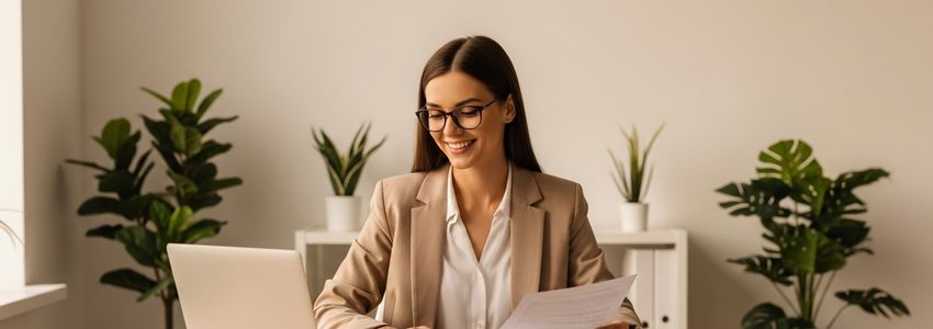 Small business owner reviewing loan documents in a College Station, Texas office