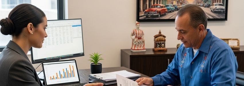 Cuban restaurant owner reviewing business loan options with a financial advisor