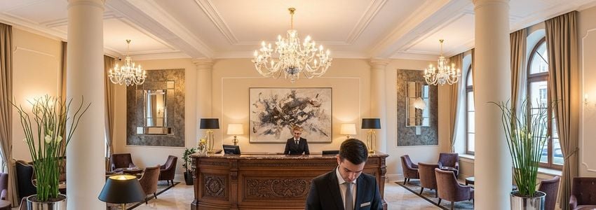 Hotel manager reviewing financing documents at a Curio Collection by Hilton property