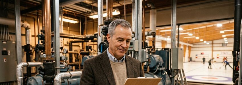 Curling rink facility manager reviewing financing paperwork inside an ice sports building