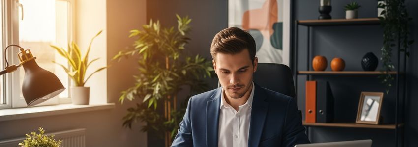 Small business owner reviewing cybersecurity financing options in a professional office setting