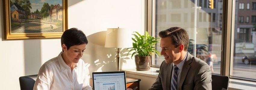 Business owner and financial advisor reviewing Dairy Queen franchise loan documents at a professional office