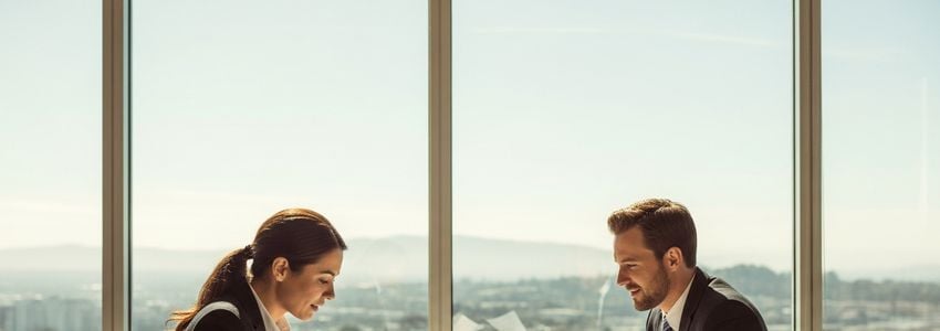 Small business owner and advisor reviewing loan documents in a Bay Area California office