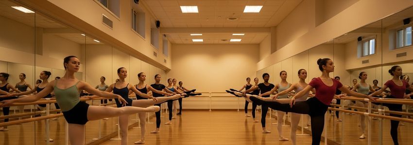 Professional dance studio with students rehearsing ballet at the barre, warm natural light, modern mirrored walls and sprung wood floors