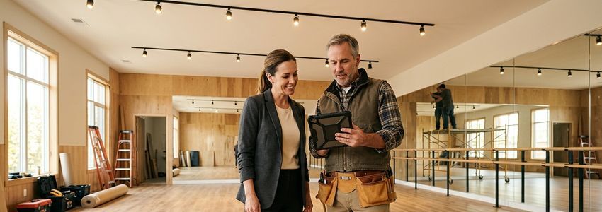 Dance studio owner reviewing flooring and mirror renovation plans with a contractor in a sunlit studio