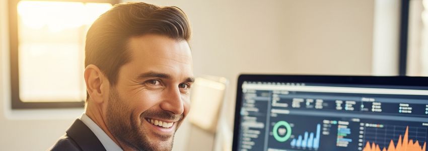 Data analytics business professional reviewing financial analytics reports in a modern office