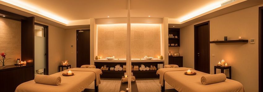 Modern luxury day spa treatment room with massage tables and warm ambient lighting
