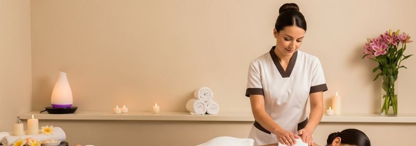 Spa therapist providing a massage in a professional day spa treatment room