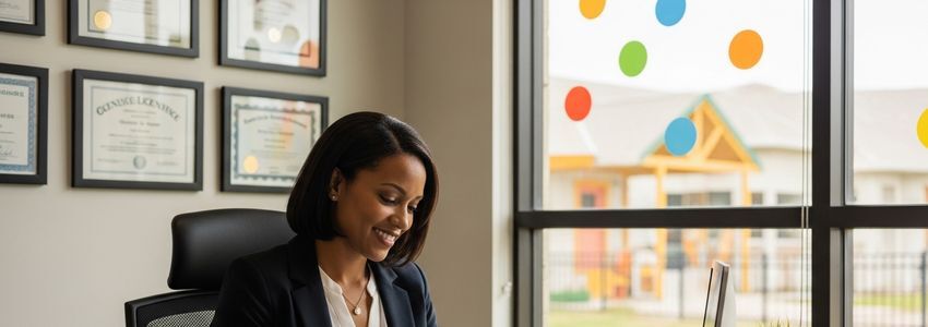 Childcare business owner reviewing daycare financing options at her preschool