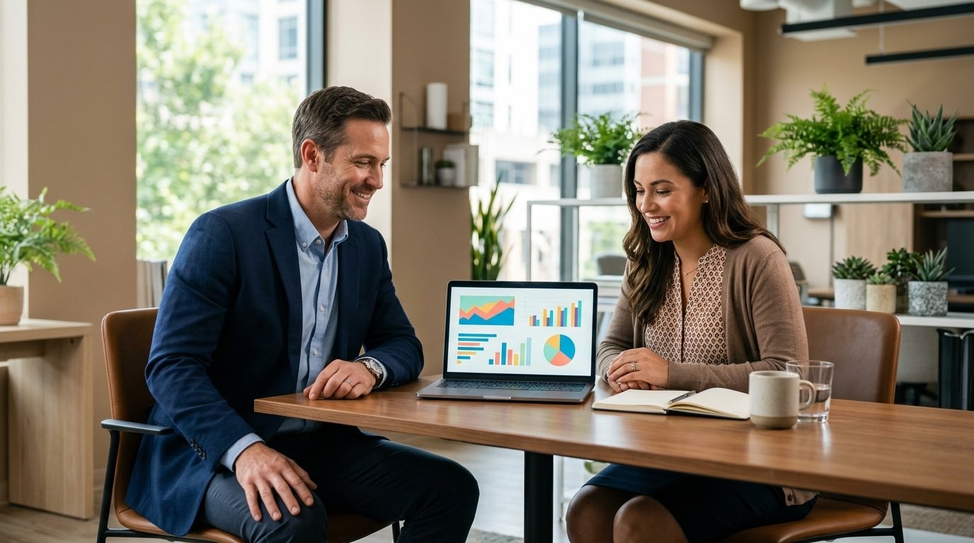 A financial advisor helping a childcare business owner review loan options in a bright modern office