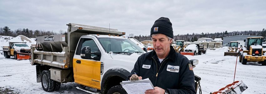 Snow and ice management contractor reviewing de-icing truck financing paperwork next to a fleet vehicle