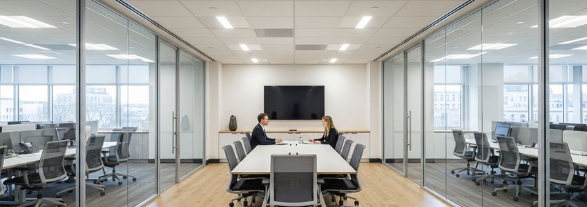 Business professionals reviewing debt consolidation options in a modern office