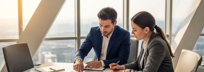 Business professionals reviewing debt consolidation financial strategy