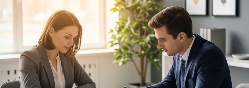 Business owner and loan officer reviewing debt covenant terms in a professional office meeting