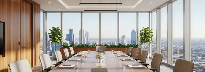 Business professionals in a modern conference room reviewing debt financing options and loan agreements