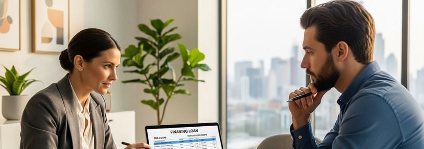 Business advisor and small business owner reviewing debt financing options on a laptop