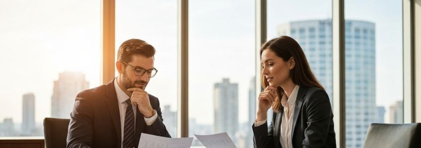 Business owner and financial advisor reviewing loan documents together