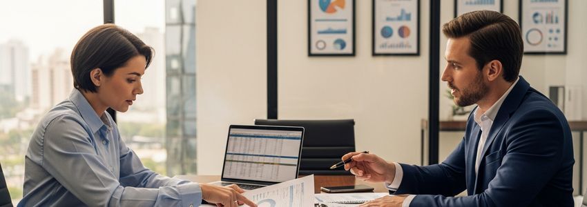 Business owner and financial advisor reviewing debt management strategies at conference table