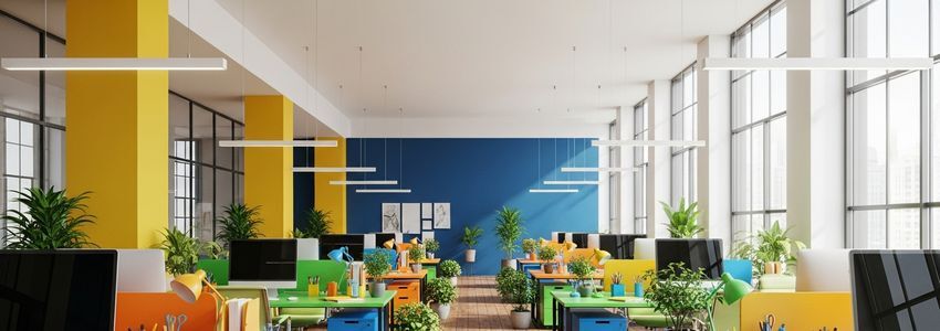 Modern open-plan office workspace representing a productive business environment for marketing campaigns