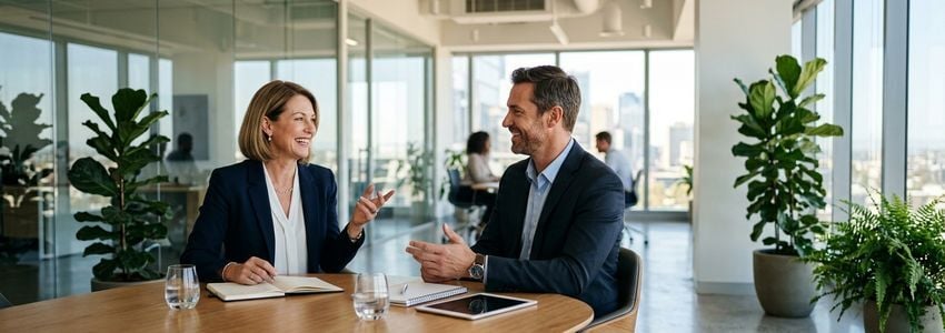 Business professionals reviewing debt consolidation and refinancing loan options at a modern office