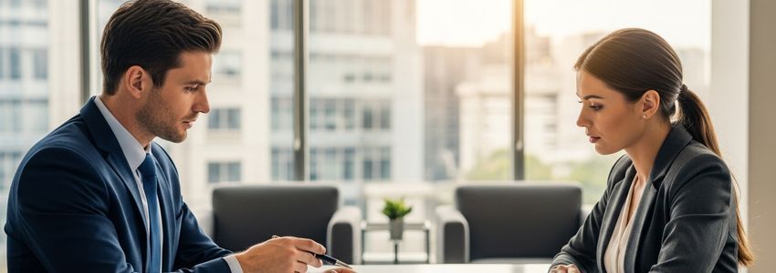 Business professional reviewing debt documents and loan application with a financial advisor