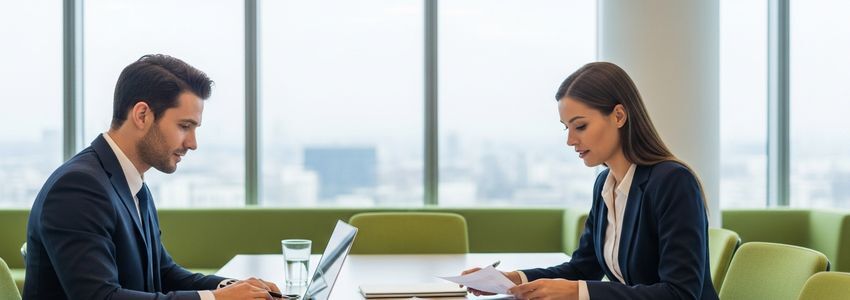 Business owner reviewing debt and valuation metrics at office desk