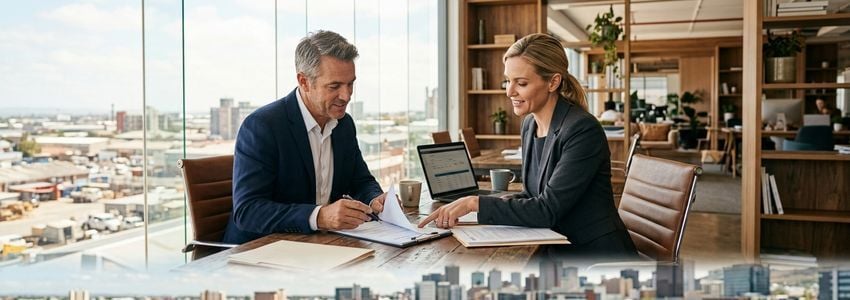 Small business owner reviewing financing paperwork with an advisor after storm damage to cover cash flow while an insurance claim is pending