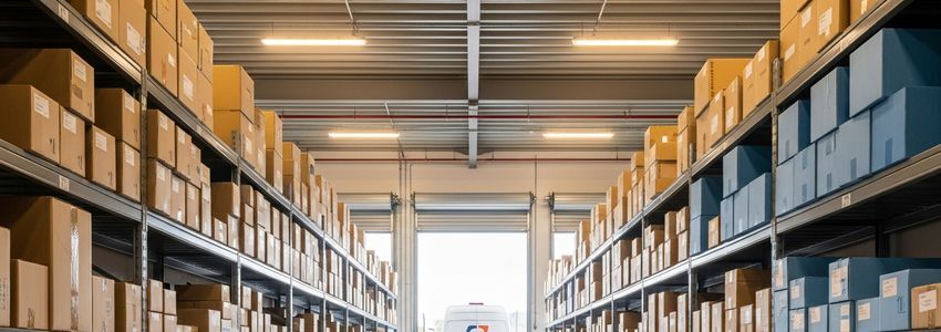 Courier company depot with packages and delivery van - delivery and courier service financing