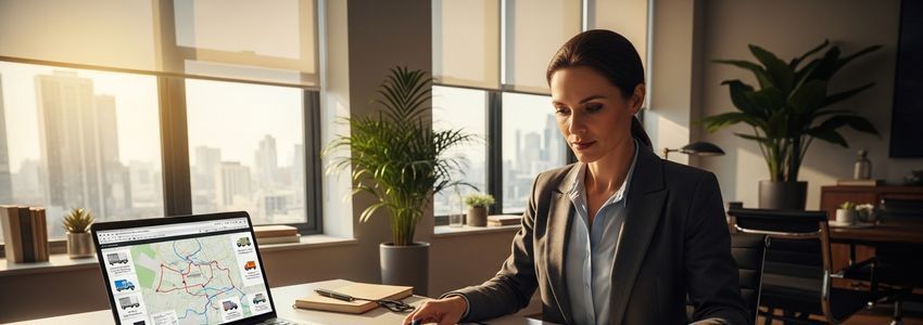 Business professional reviewing delivery fleet equipment financing documents at office desk