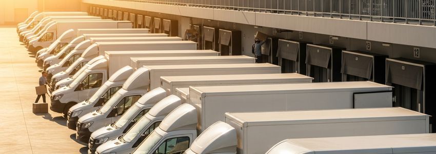 Commercial delivery vans parked at a modern warehouse loading dock ready for fleet financing