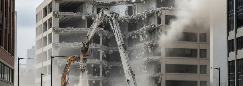 Large demolition excavator demolishing a concrete building at construction site