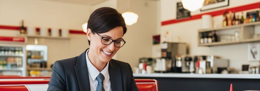 Business professional reviewing franchise financing documents at a classic American diner