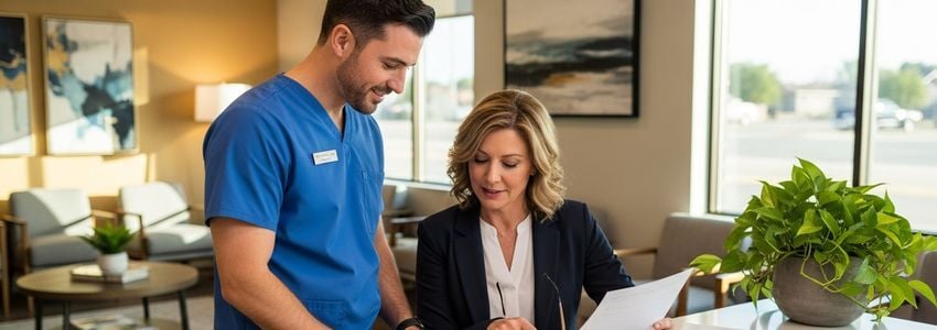 Dental professional reviewing financing options with a practice manager in a modern dental office