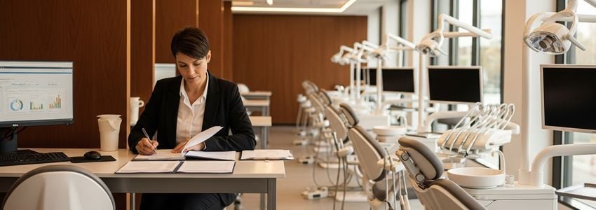 Dental practice owner reviewing equipment financing documents