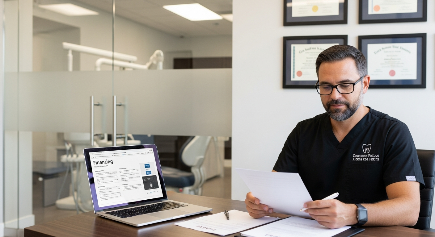 Dental practice owner reviewing equipment financing options at a modern dental office