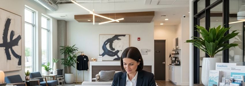 Dentist reviewing dental office property loan documents in a modern office