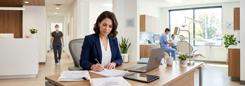 Dental practice owner reviewing business loan documents at a modern desk in a dental office