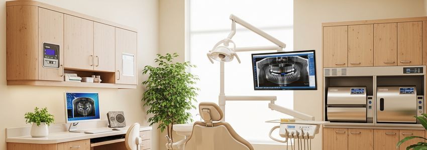 Dental office equipment in a modern operatory room - dental practice financing guide