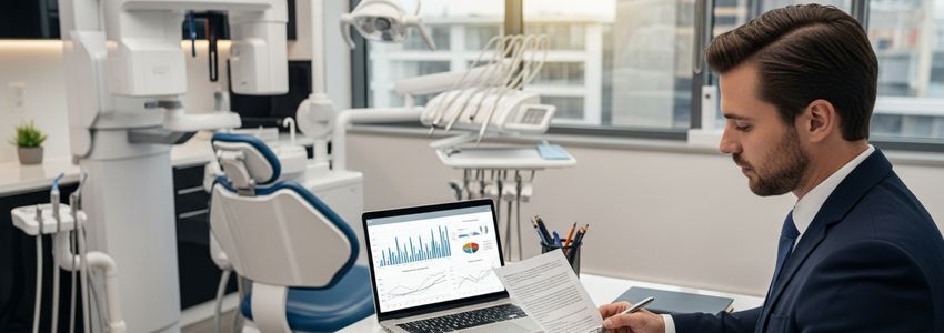 Dental practice owner reviewing financing documents with financial charts and dental equipment in background